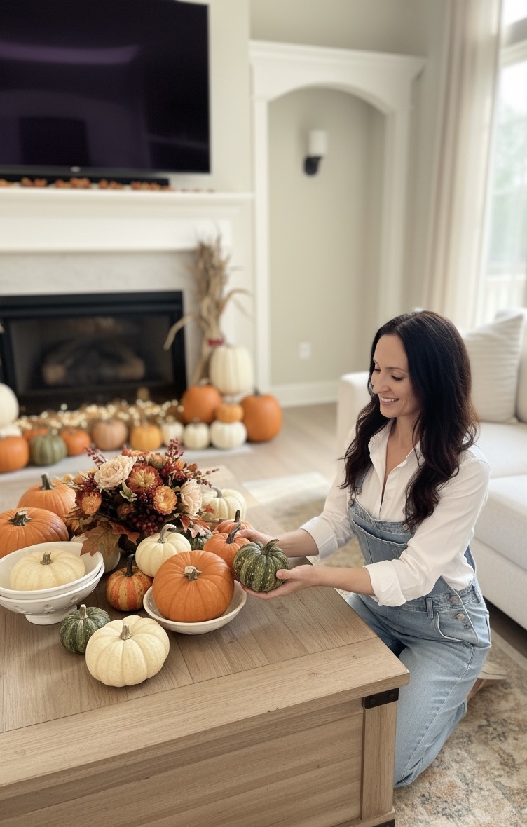 Front Porch Collective founder in overalls styling a fall coffee table display in Des Moines Iowa