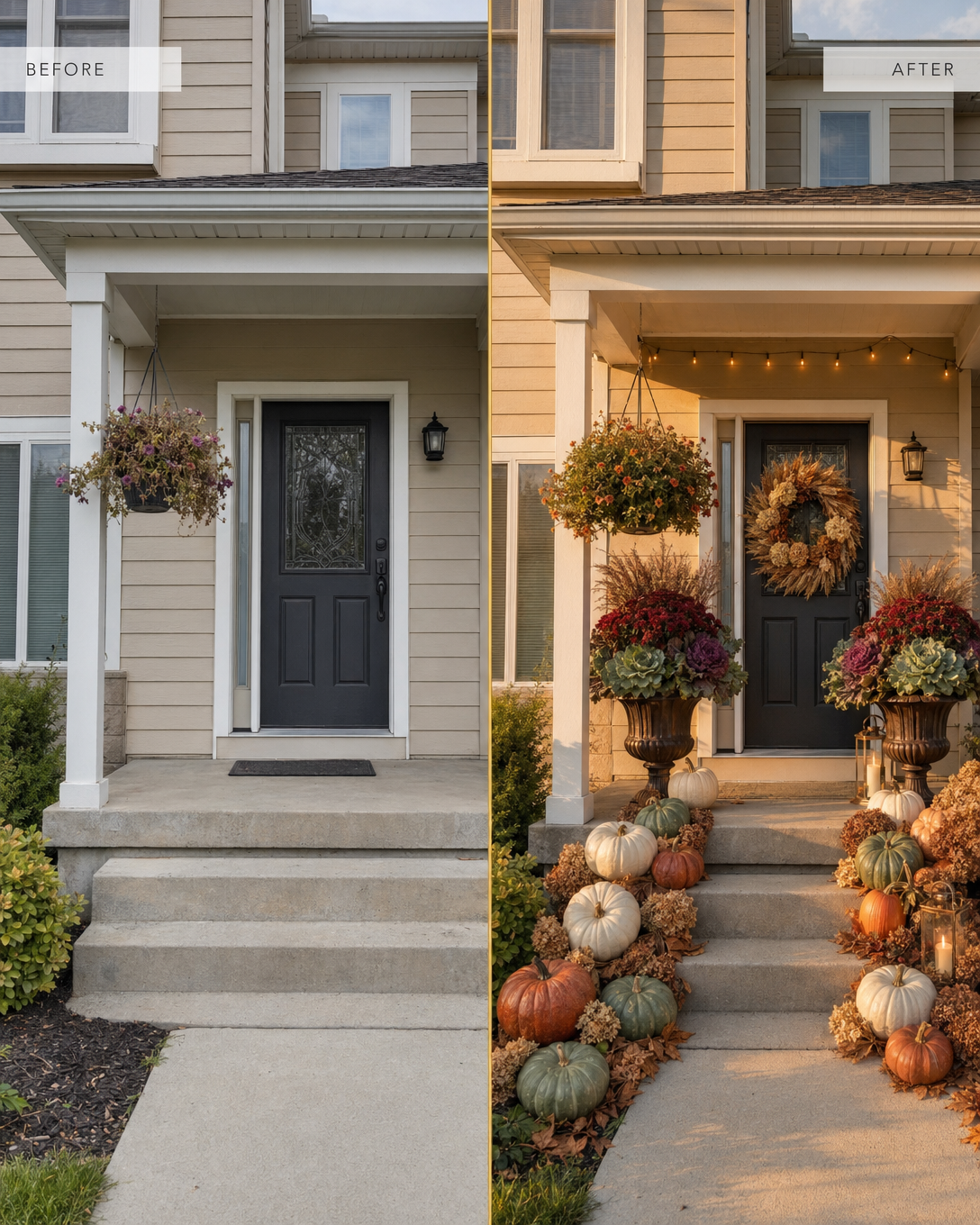 Front porch pumpkins before and after transformation in Des Moines Iowa