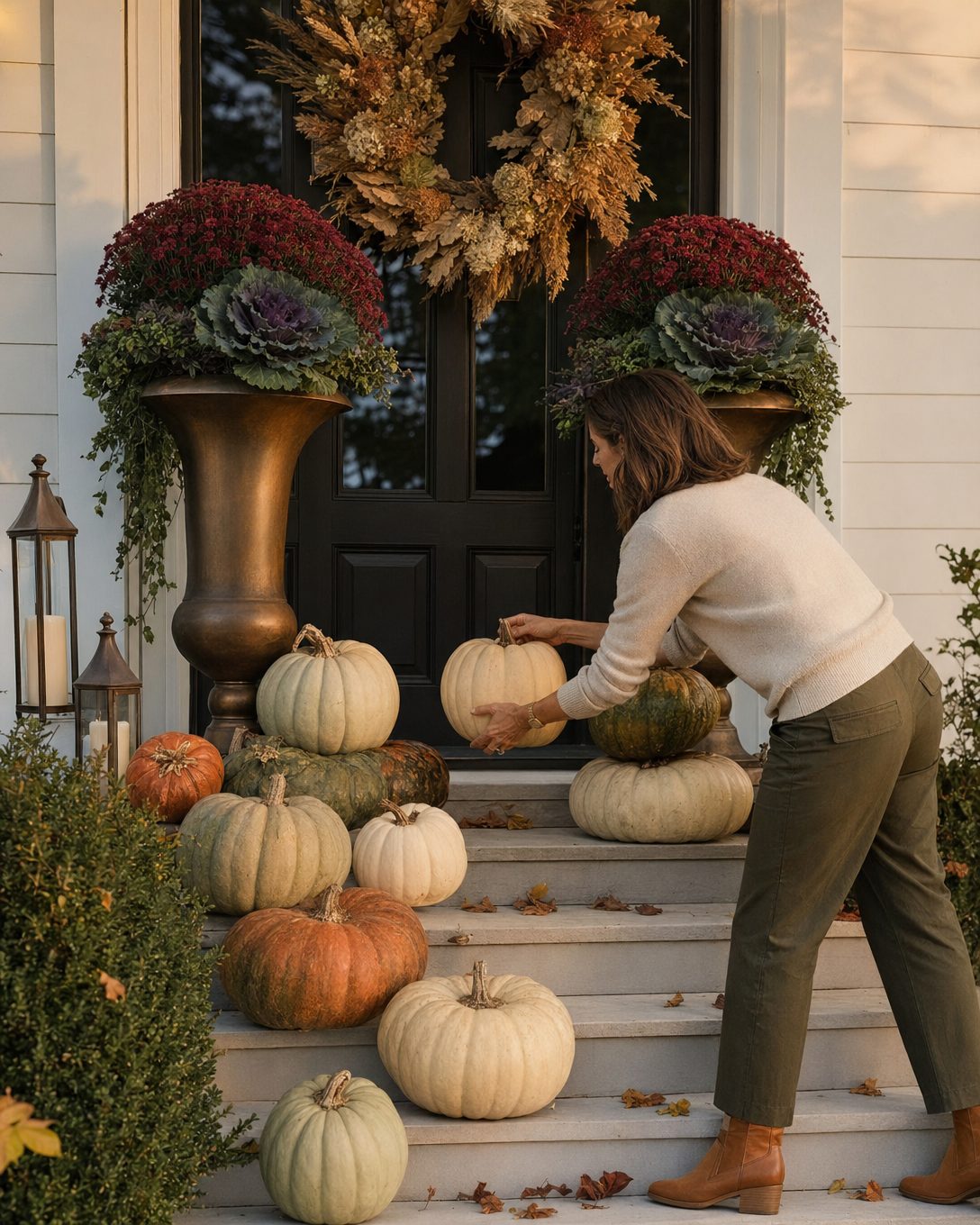 Front porch decorator styling heirloom pumpkins on Des Moines steps