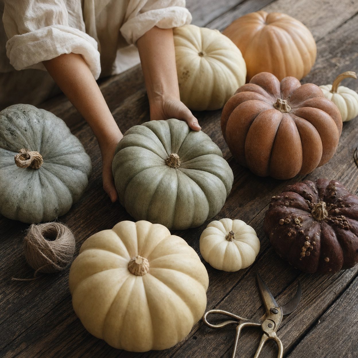 Heirloom pumpkin displays — sage, blush, and white pumpkins for Iowa porches