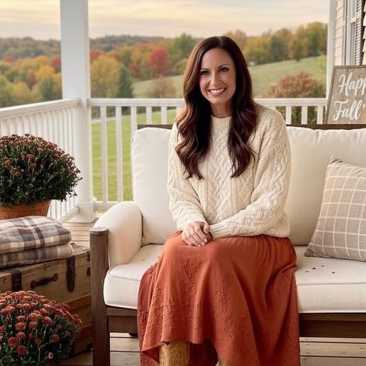 Front Porch Collective founder on autumn farmhouse porch in Des Moines Iowa