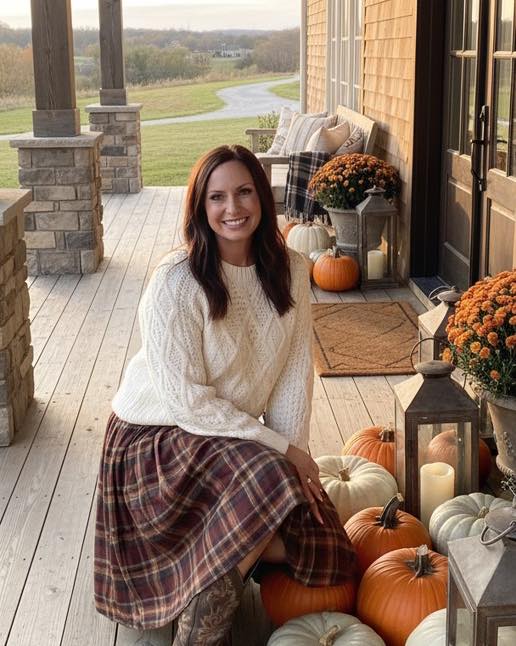 Front Porch Collective founder with fall pumpkin display in Des Moines Iowa