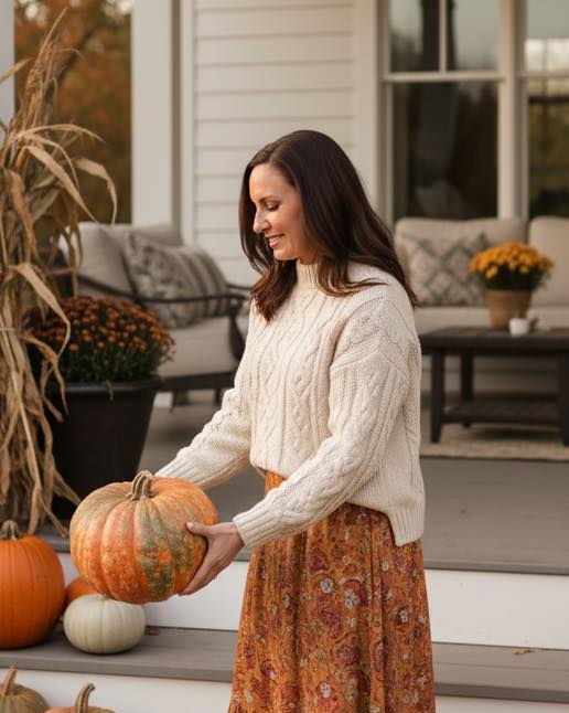 Front Porch Collective founder holding heirloom pumpkin on Des Moines porch