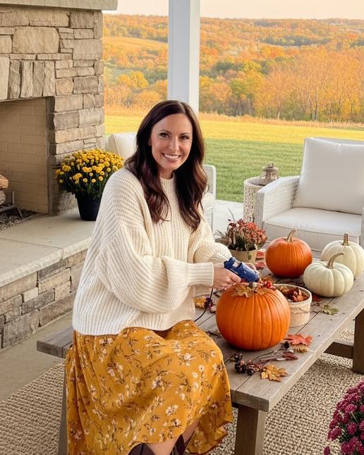 Front Porch Collective founder styling fall pumpkin centerpiece in Iowa
