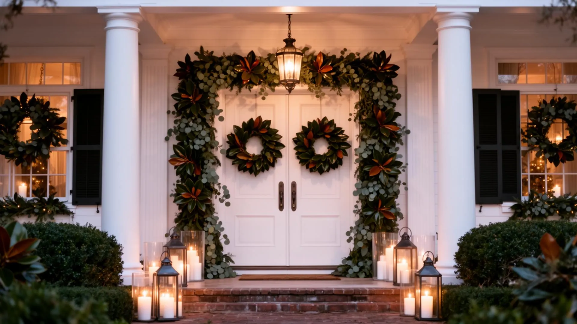 Christmas front porch with magnolia and eucalyptus garland on a southern farmhouse mansion