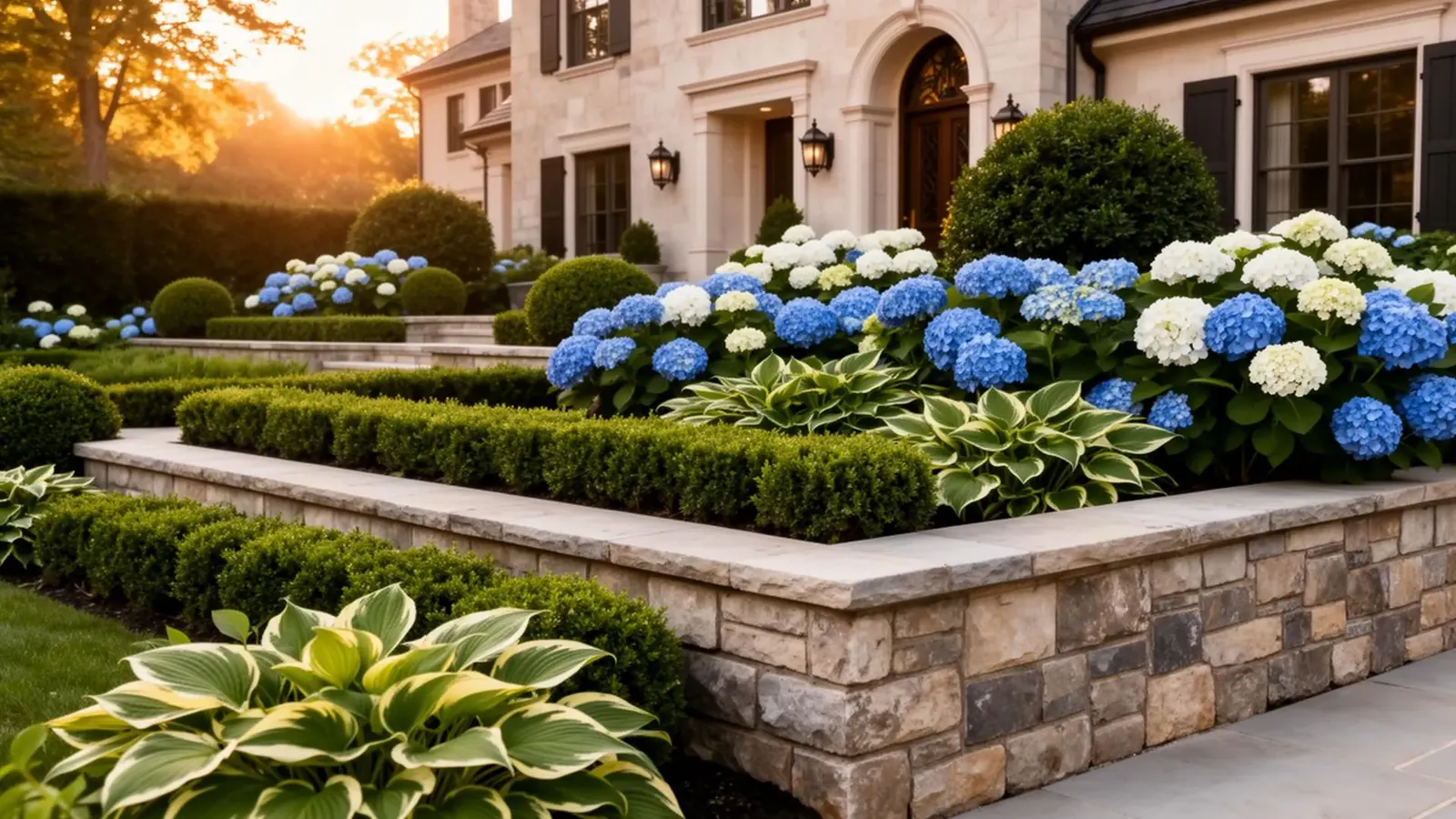 Luxury landscaping with stone retaining walls, hydrangeas, hostas and manicured shrubbery