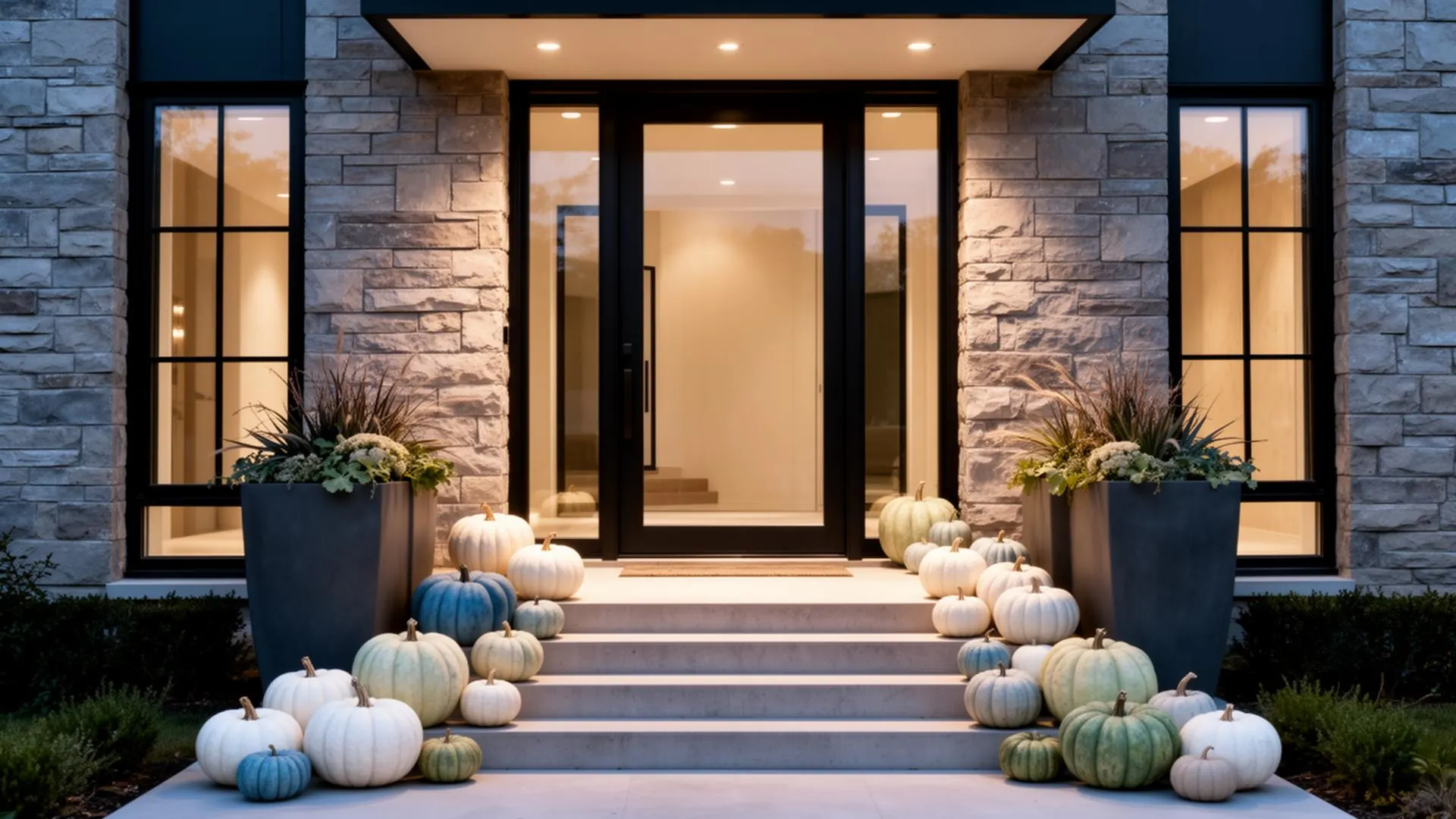 Modern luxury home with heirloom pumpkin display in neutral tones