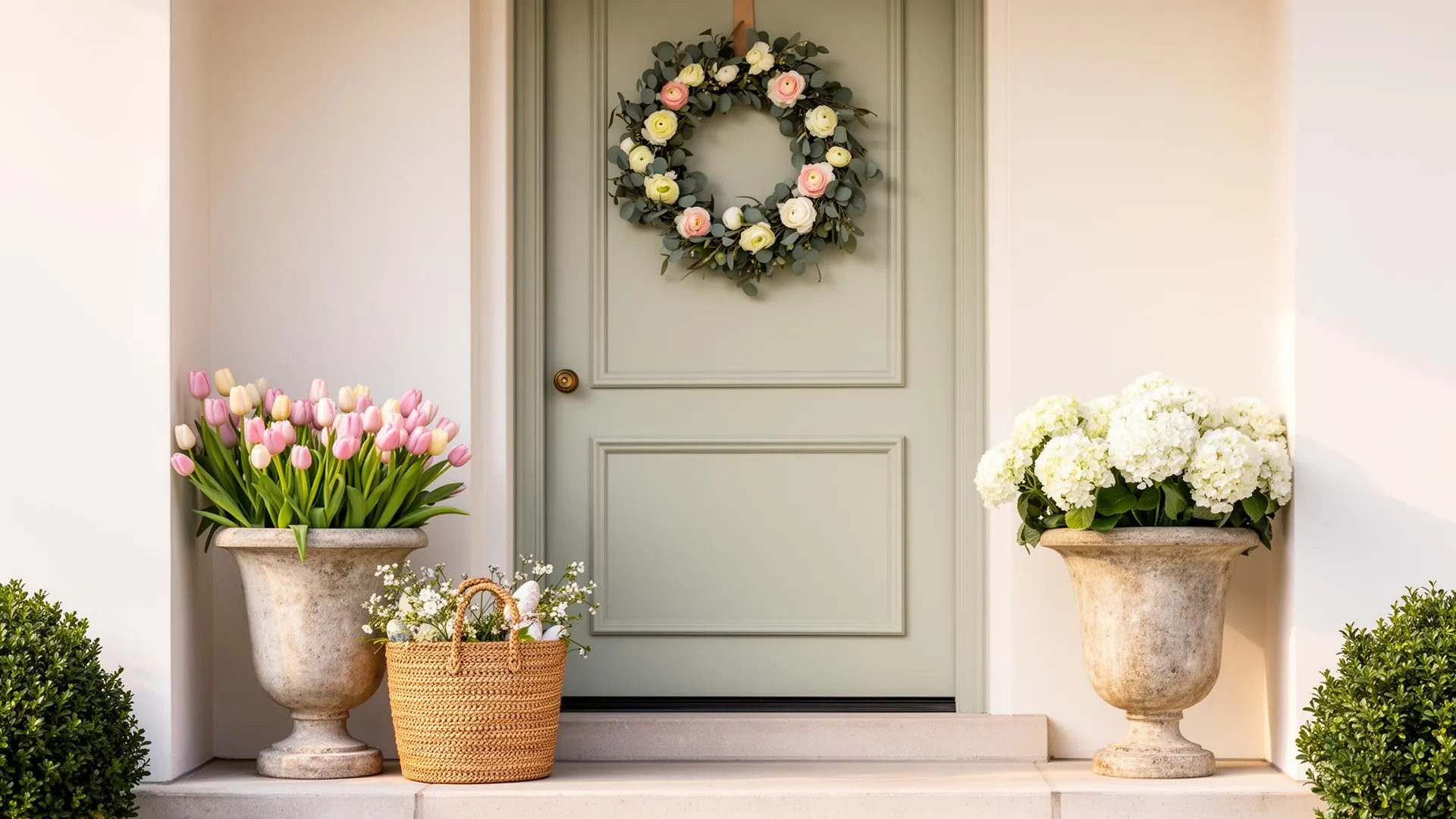 Spring Easter front porch with tulips, hydrangeas, eucalyptus wreath and natural baskets